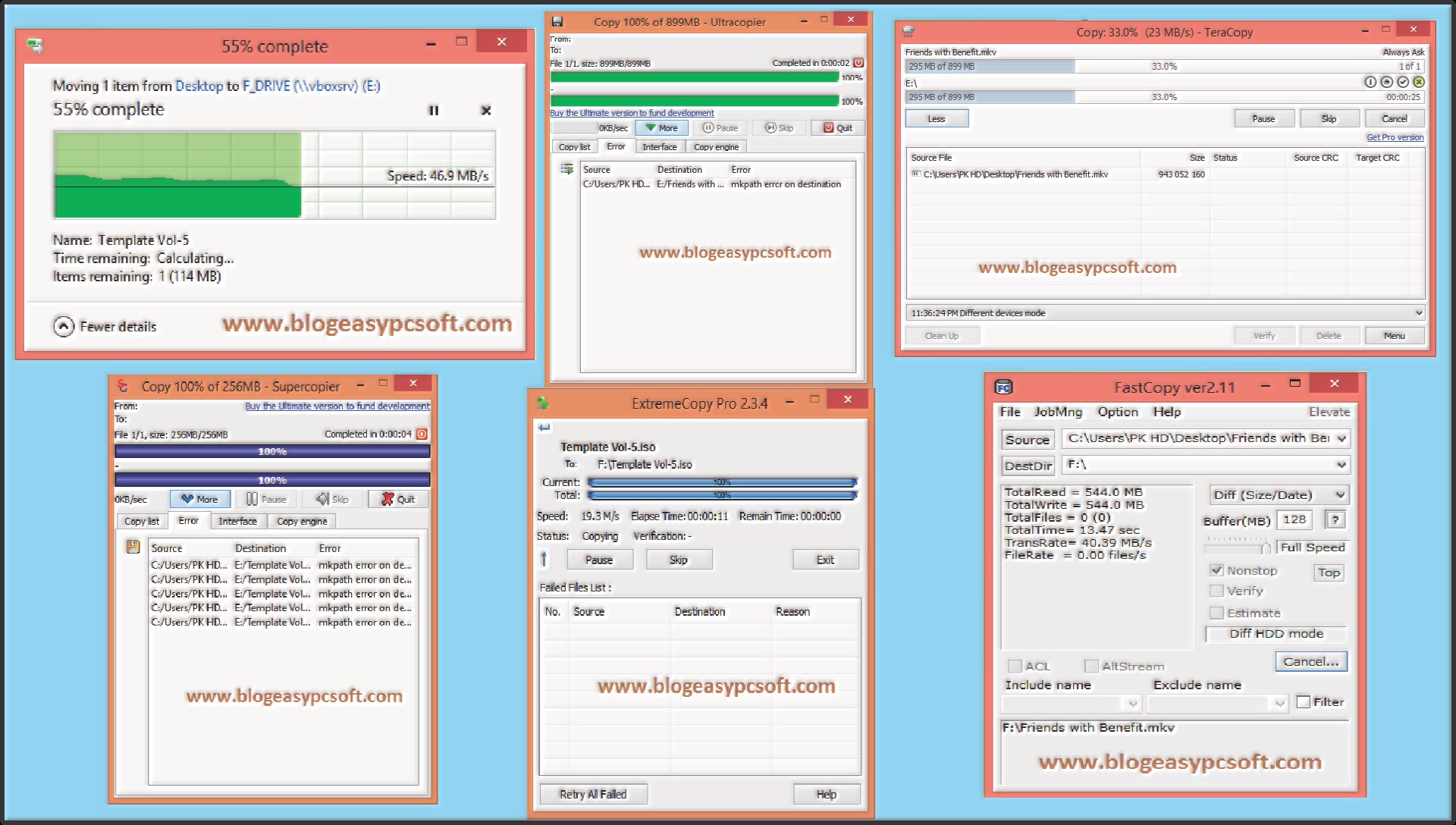 Windows 8.1 vs UltraCopier vs Teracopy vs SuperCopier4 vs ExtremeCopy vs FastCopy.