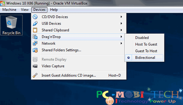 How to share files in VirtualBox: Drag'n'drop-option in Device menu