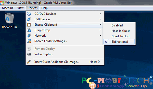 How to share files in VirtualBox: Shared-Clipboard-option-in device menu