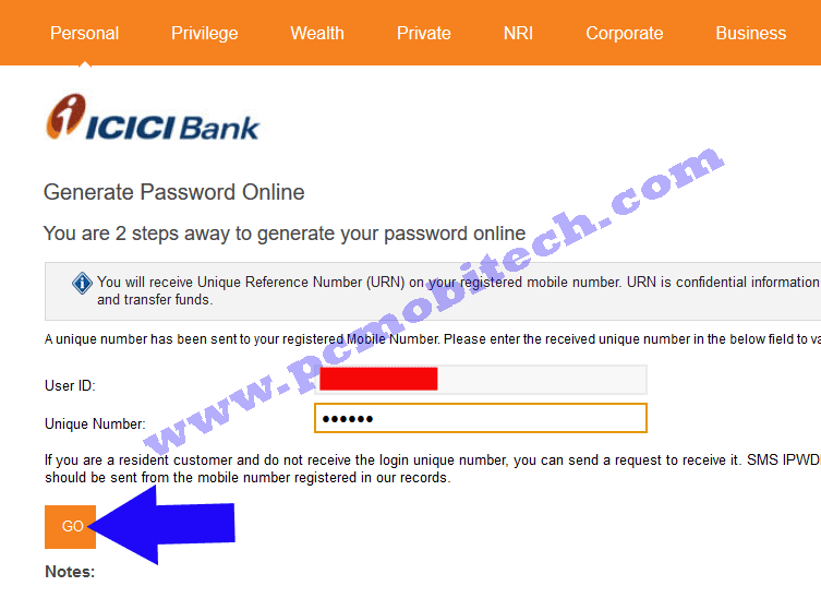 icici-bank-password-reset-enter-your-unique-number-click-on-go-button