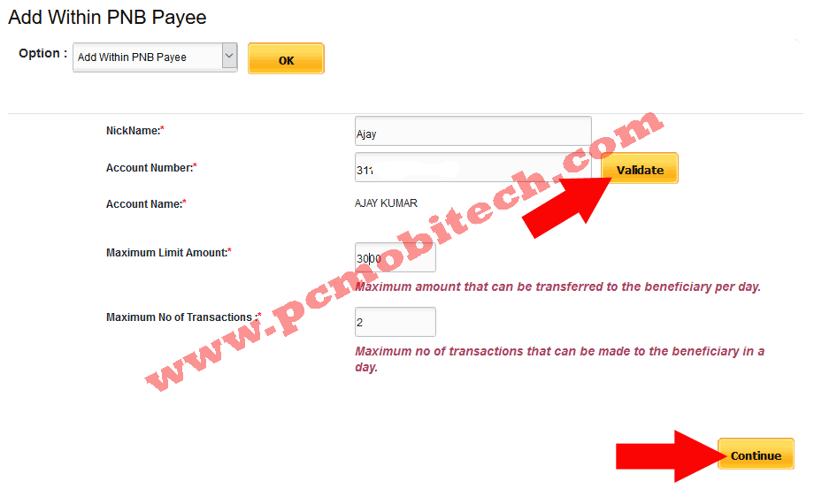 Add within PNB Payee name