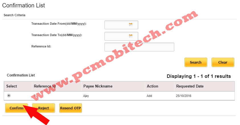 Click on Confirm button to verify PNB Beneficiary