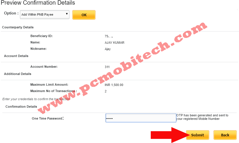 Enter one time password to add beneficiary to account