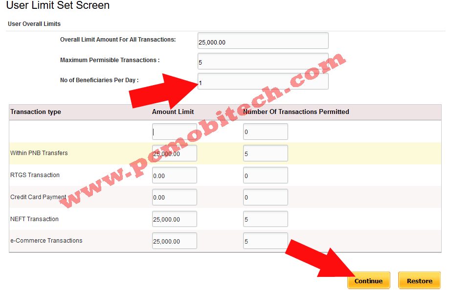 PNB User Set Limit option