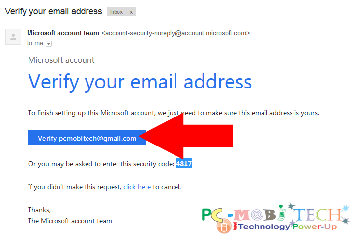 Microsoft Verify your Email address.