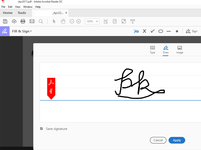 Draw an Electronic signeture on a pdf document using Adobe reader