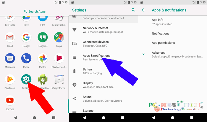 Apps & Notifications option on Android Oreo 8.0