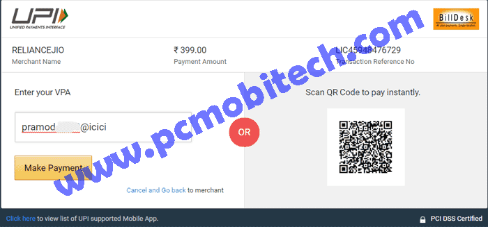 ICICI UPI payment