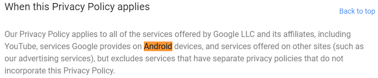Google Privacy Policy Android devices