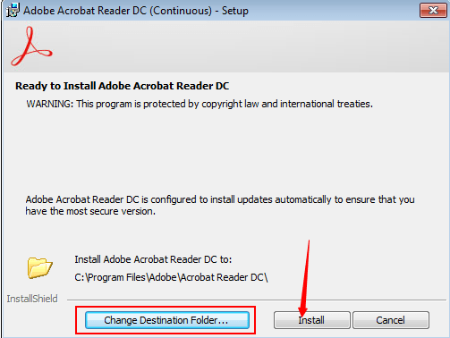 Adobe Reader Change Destination Folder path and click on the Install button