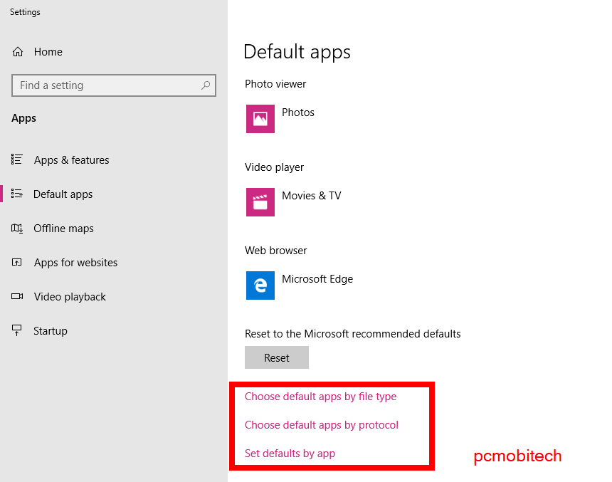 Reset Default Apps Windows 10