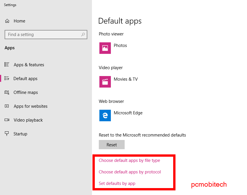 How To Set Or Reset Default Apps In Windows 10 Pcmobitech